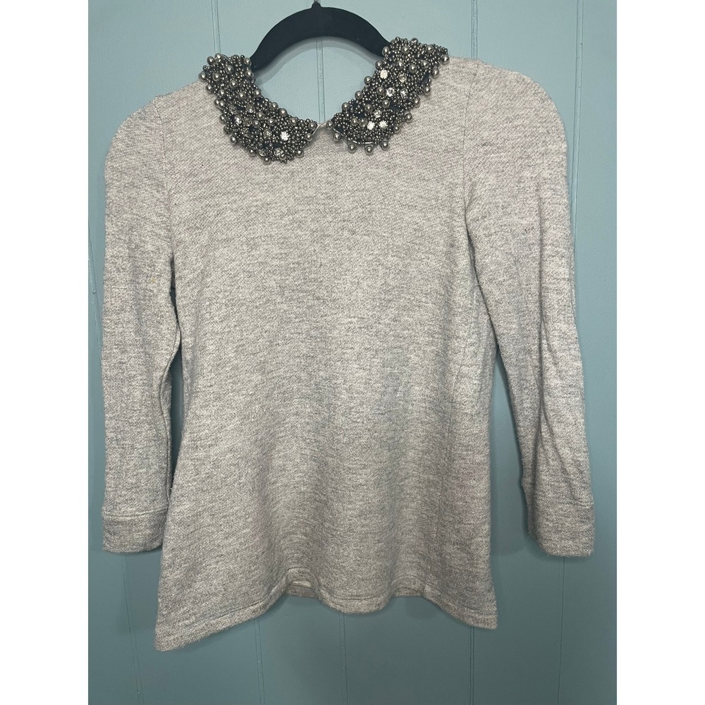 Women's Gray Embellished Beaded‎ Collar Crewneck Sweatshirt Pullover XS